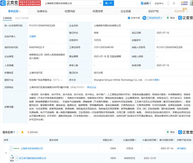 森马服饰成立两家科技公司均含AI相关业务(图1)